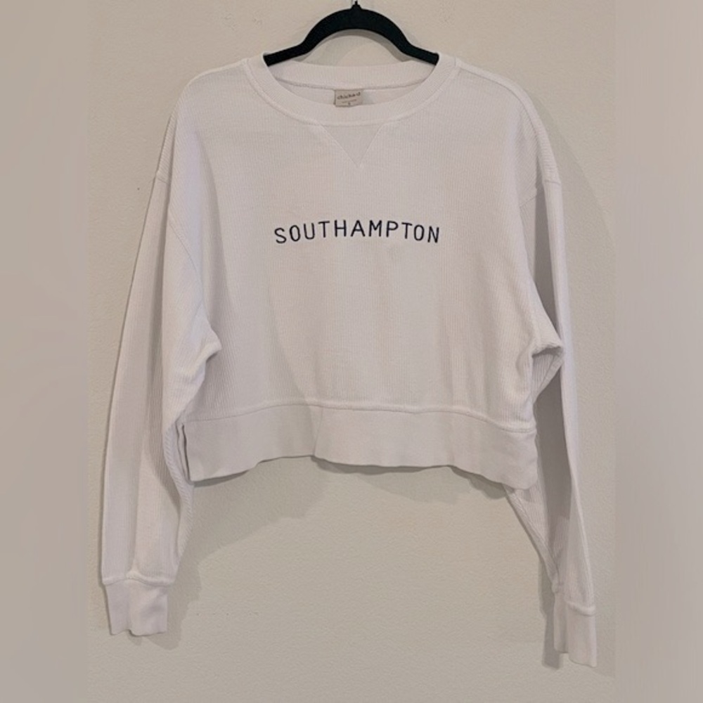Chicka-D Women’s Cropped Sweatshirt Small White Rib Knit 100% Cotton Oversized